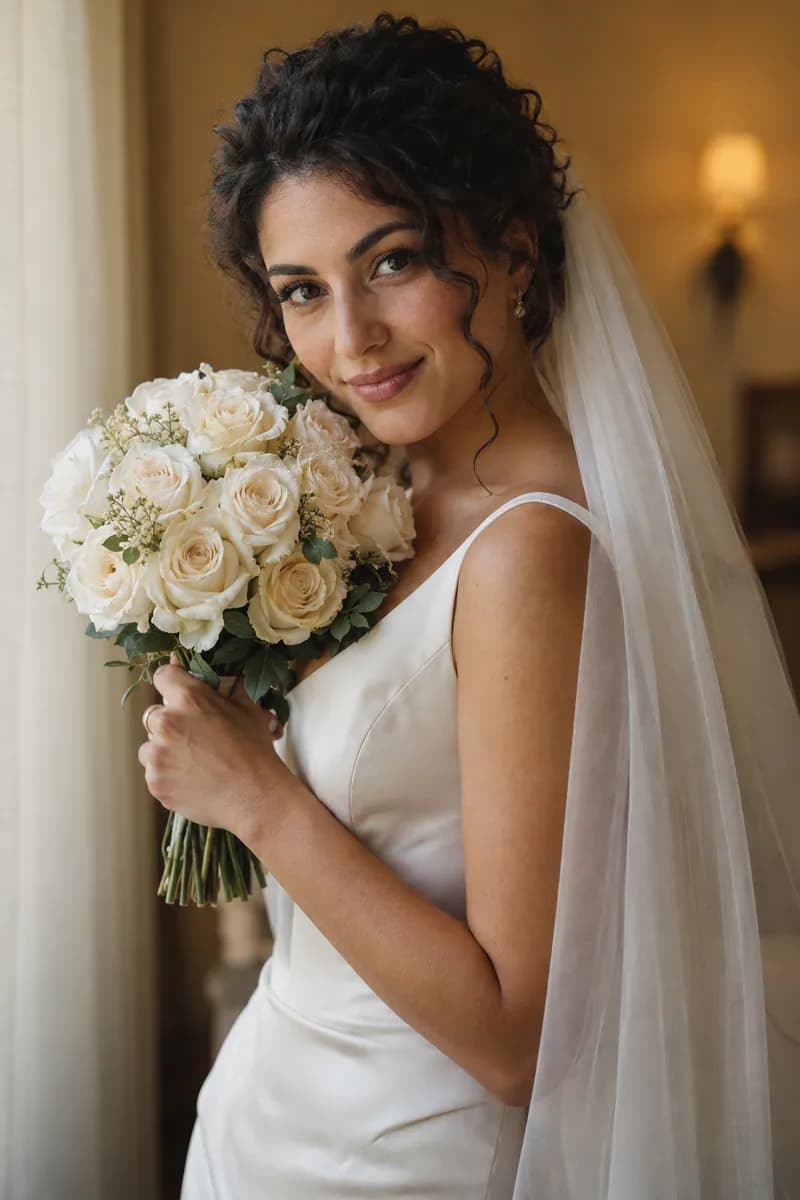 Ilustración creada con IA: novia con vestido columna acercando un ramo de rosas a la mejilla y mirando a la cámara