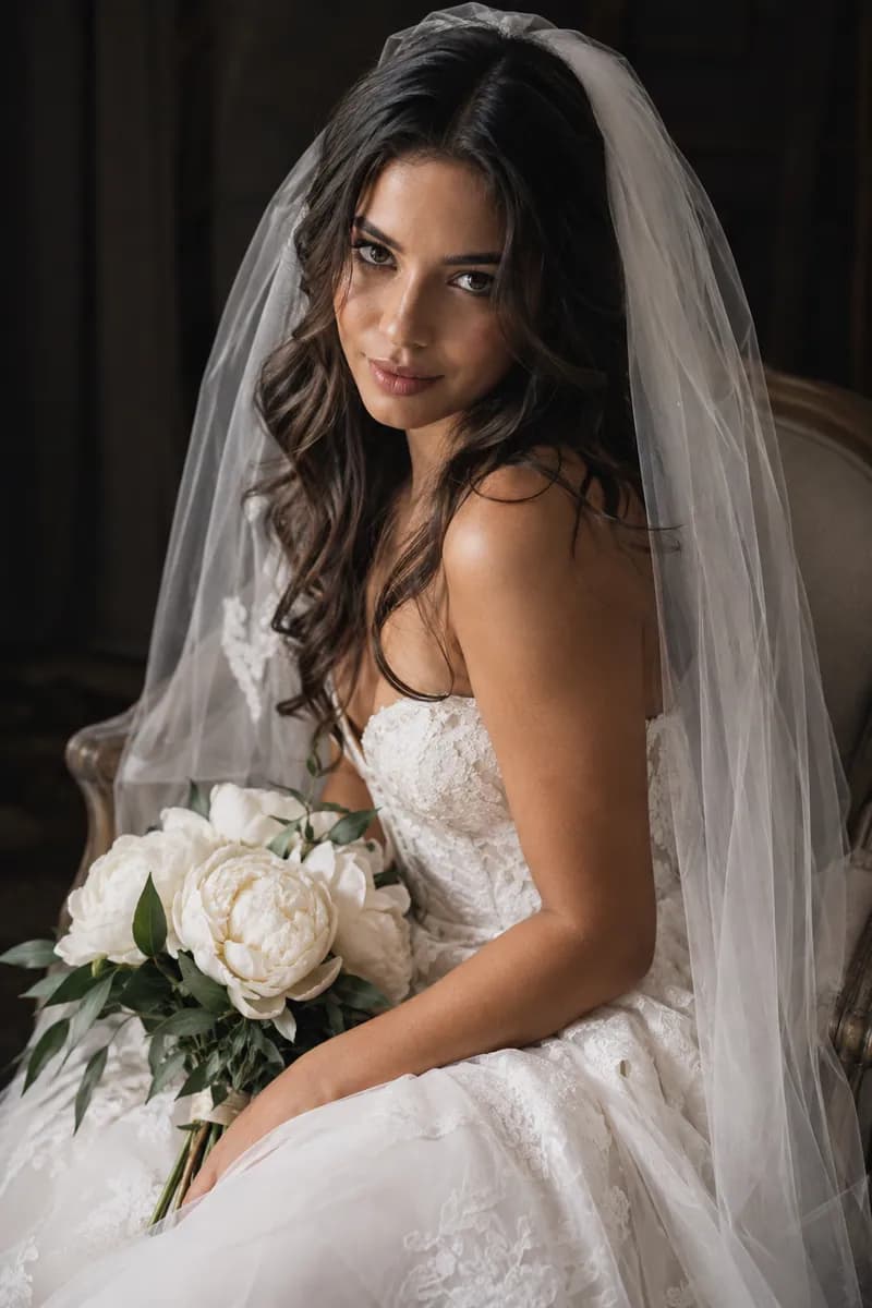 Ilustración creada con IA: novia sentada de lado con velo, hombros hacia la cámara y mirada hacia arriba