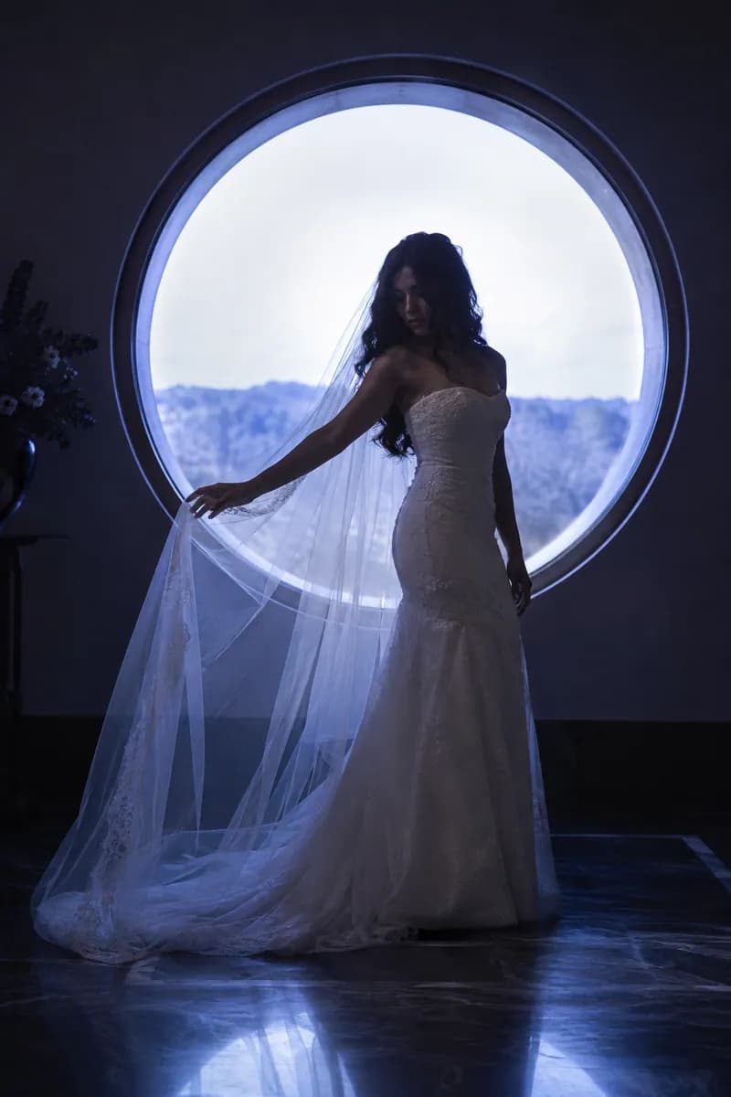 Ilustración creada con IA: novia en tres cuartos frente a una ventana circular sosteniendo el velo con un brazo