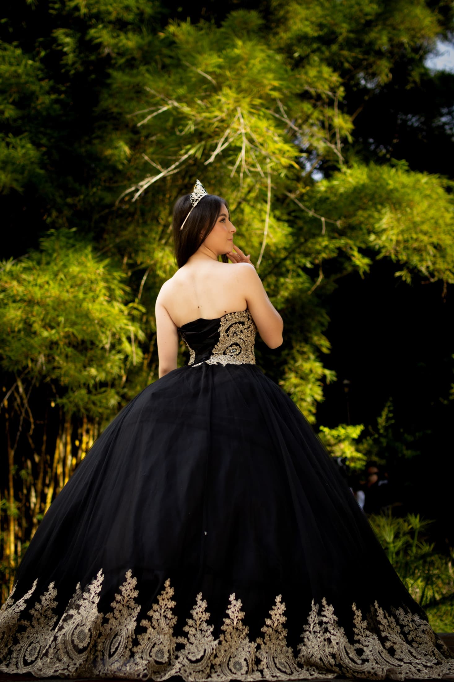 Quinceañera de espaldas con vestido negro y dorado en un jardín