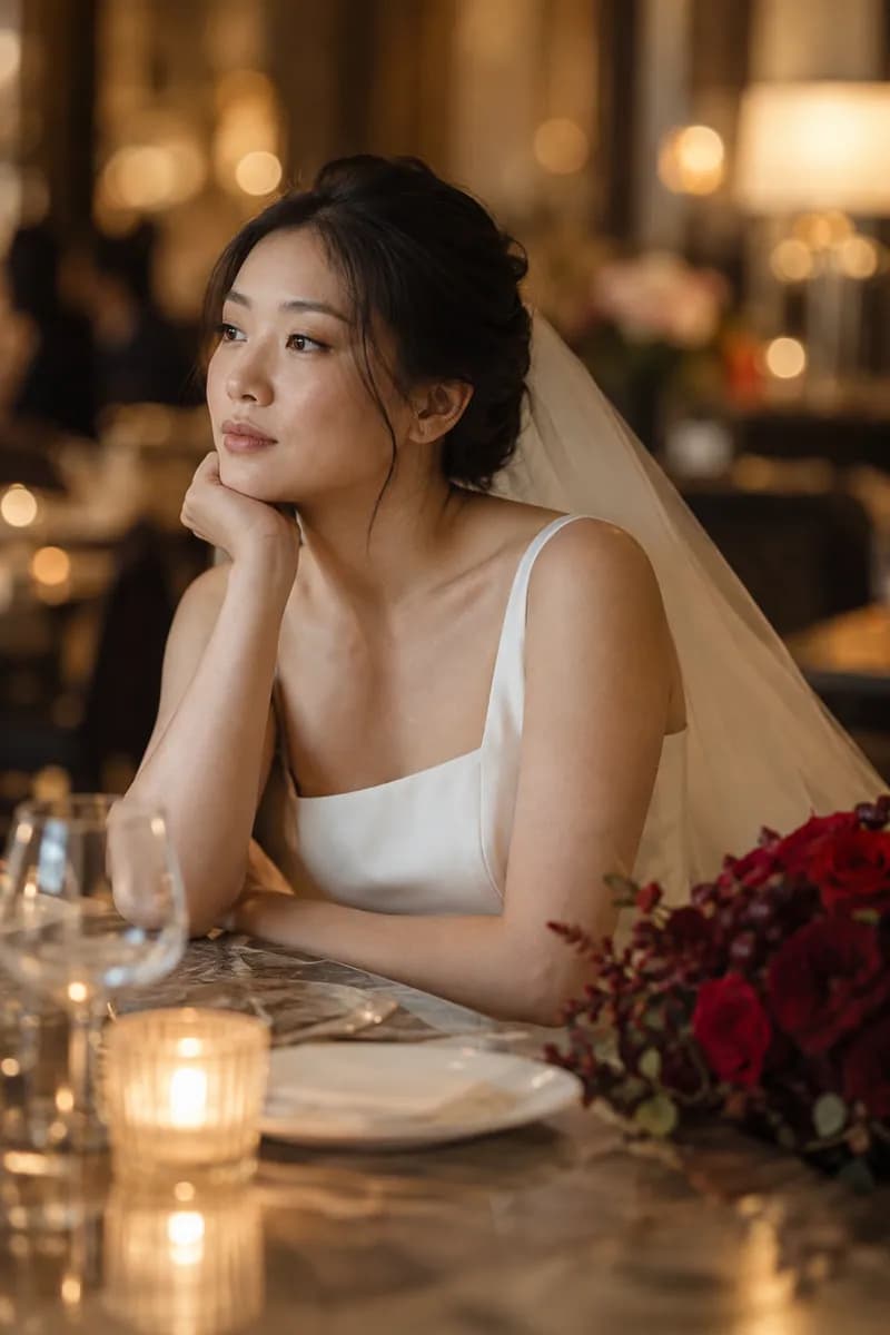 Ilustración creada con IA: novia sentada ante una mesa con la barbilla apoyada en la mano, mirada lejana