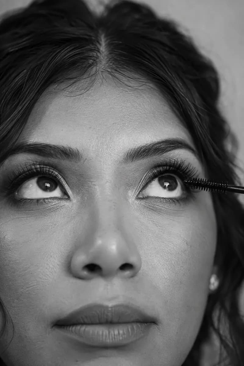 Ilustración creada con IA: novia mirando hacia arriba mientras un pincel de maquillaje se acerca a su ojo