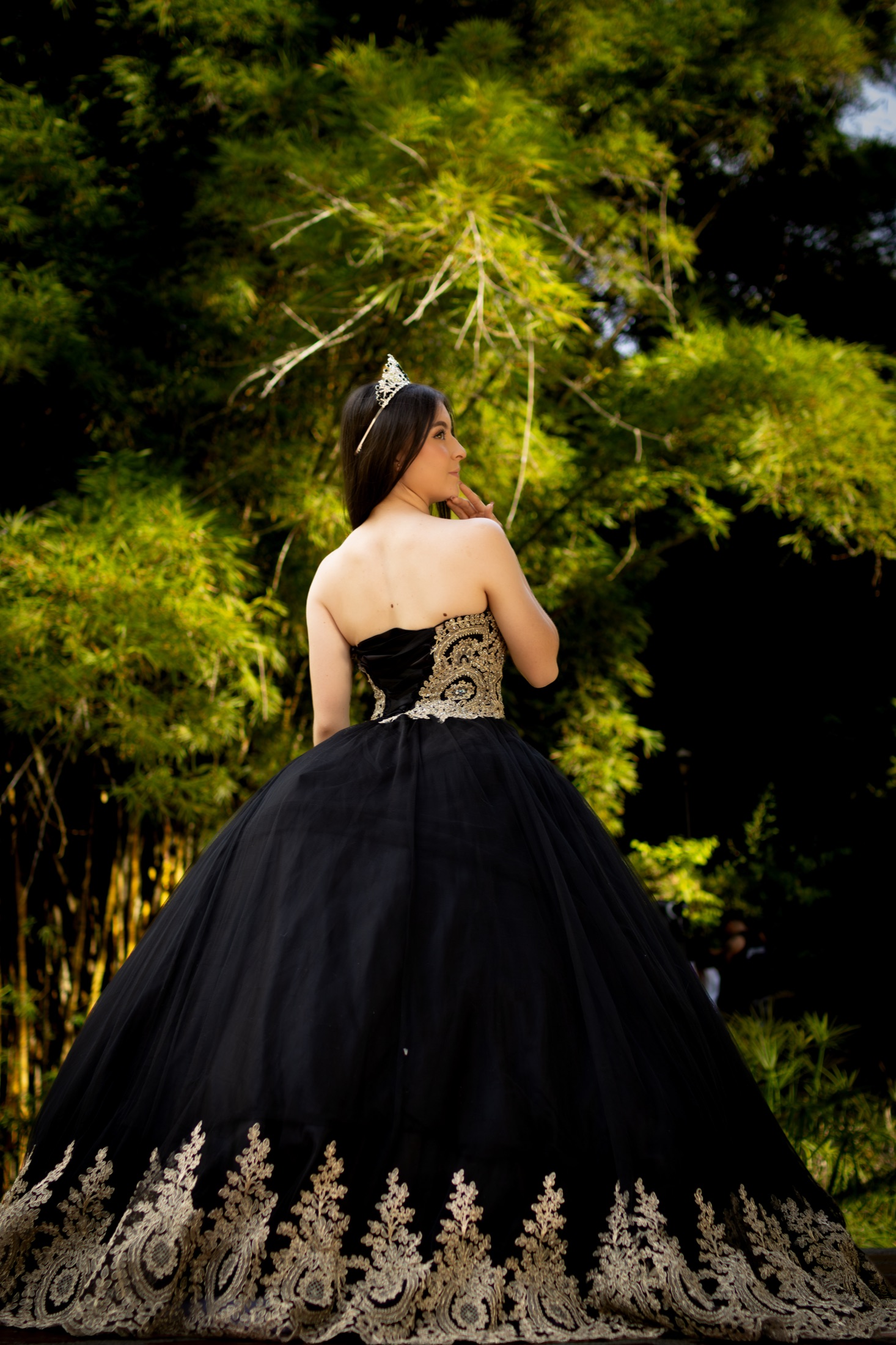 Quinceañera de espaldas con vestido negro y dorado en un jardín